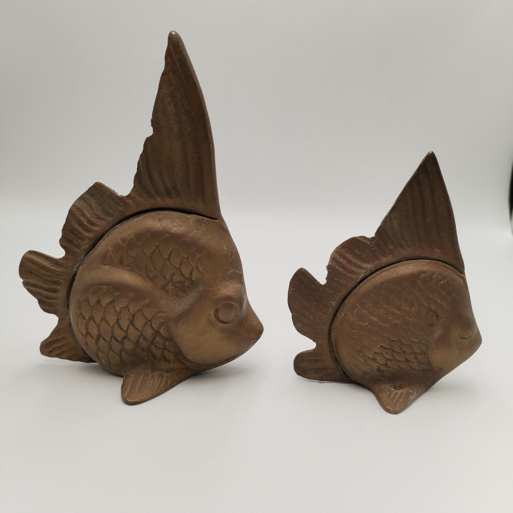 Vtg Solid Brass Fish Statues Figurines Pair Tropical Angelfish Set 2 MCM Beach